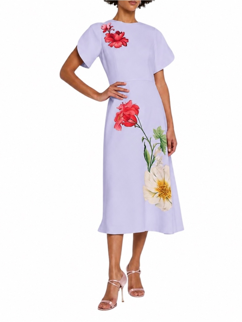 Teri Jon Floral Print Crepe Fit&Flare Midi Dress in Lavender $610 Sz 10 RARE